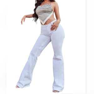 Fashion Nova Womens White Denim Va Va Voom V Front Stretch Flare Jeans Size 7/28